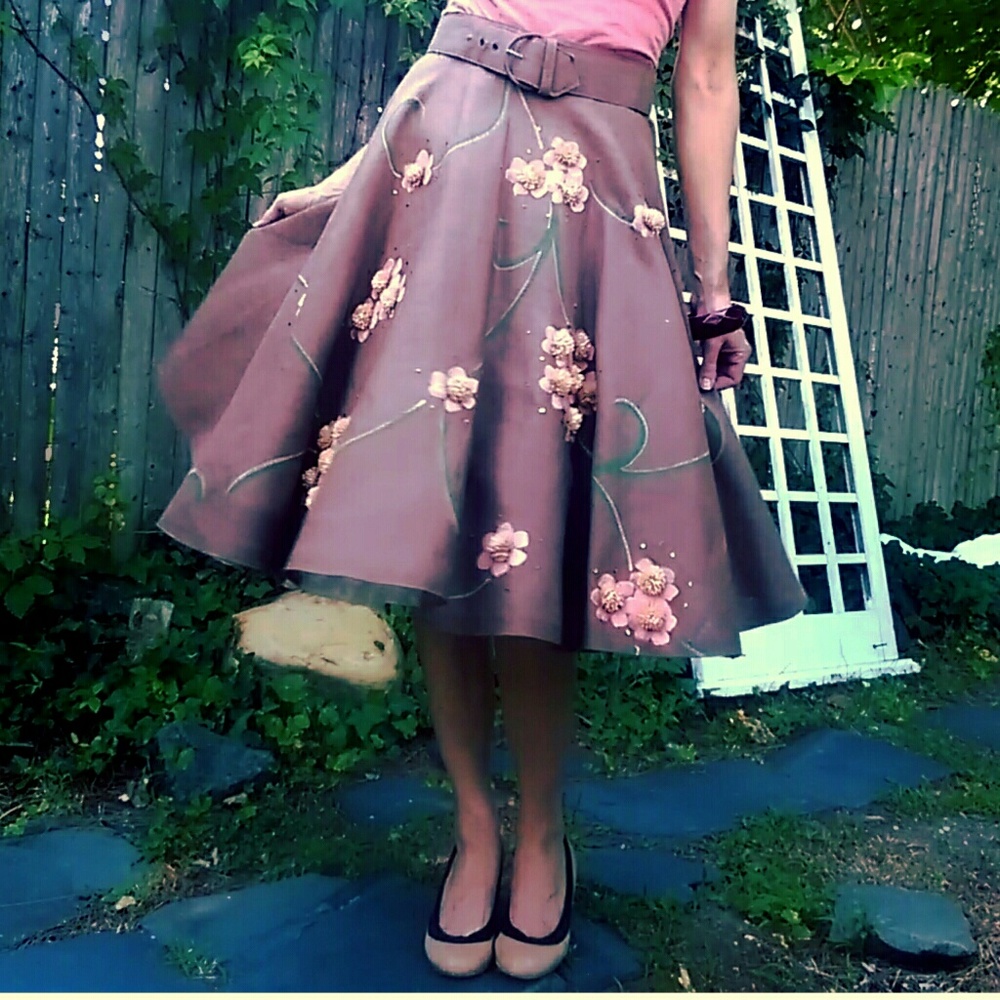 Vintage Taupe Linen Applique 1950s Circle Skirt